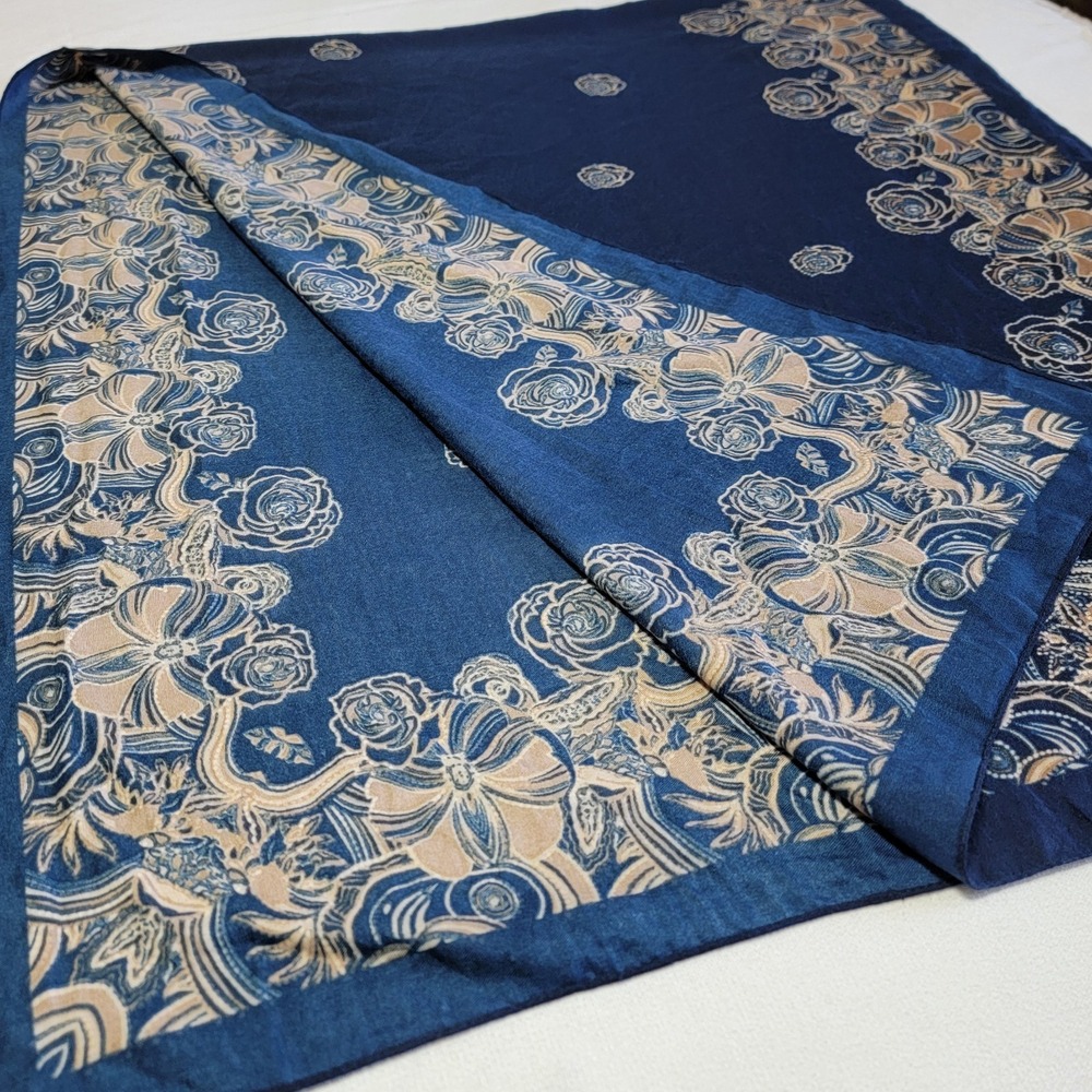 Vintage Navy Blue Large XL Scarf 72"/32" Brown Gold Roses Soft Fabric Romantic - Picture 3 of 8